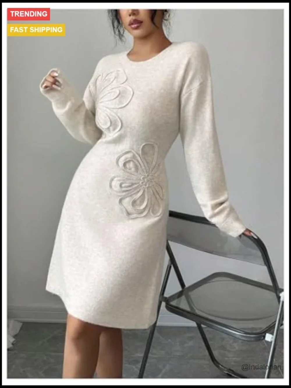 3D Floral Ribbed Knit Sweater Dress Long Sleeve Wedding Guest
